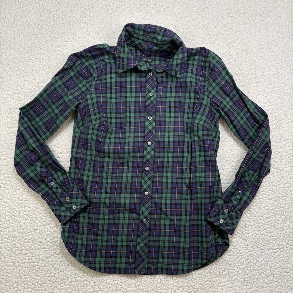 Talbots Womens XS Tartan Plaid Button Blouse Top Long Sleeve Shirt Preppy Green